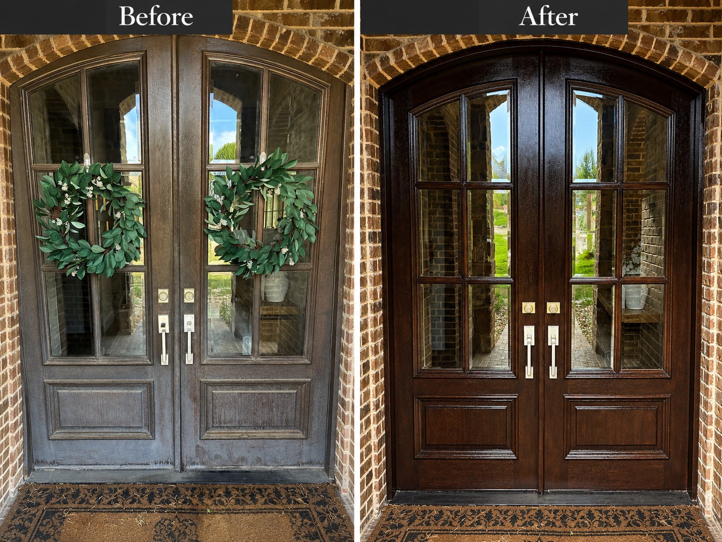 Weathered exterior double doors before refinishing beside the same doors restored to a deep glossy stain at a Johnson County entryway