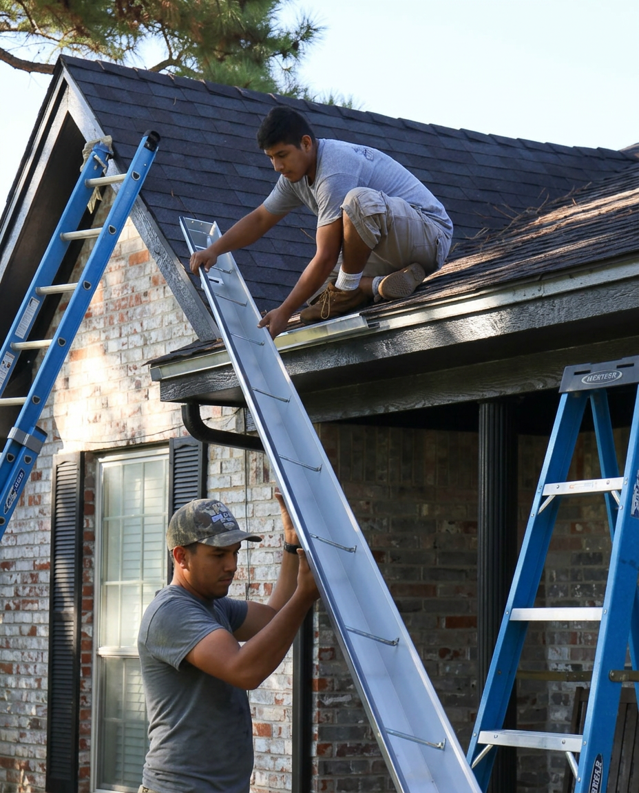 W2 Construction crew installing seamless gutters on a Johnson County home