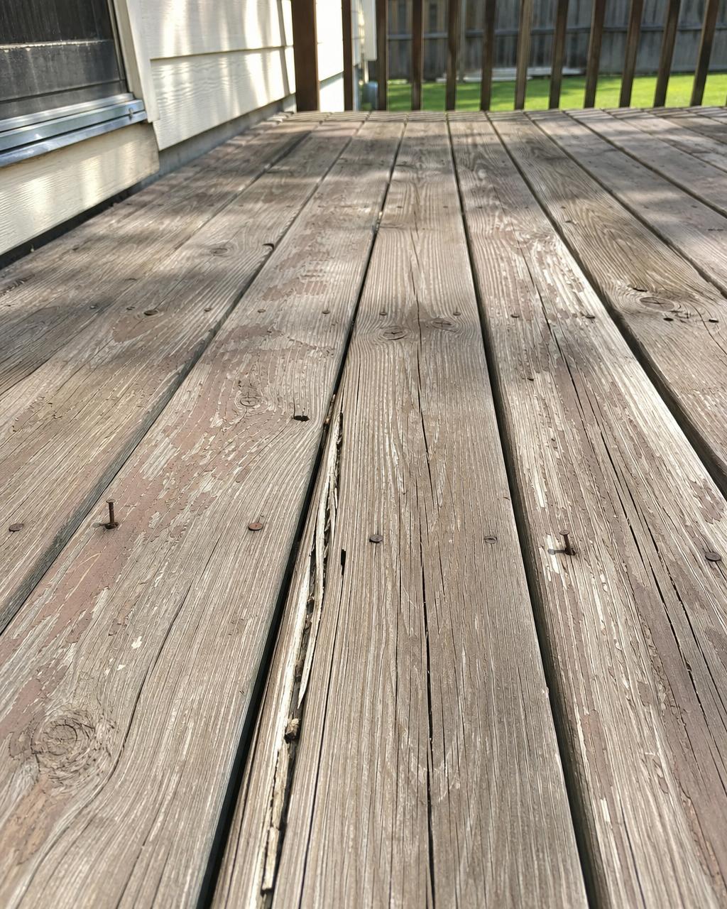 Sun bleached and split deck boards in a Johnson County backyard