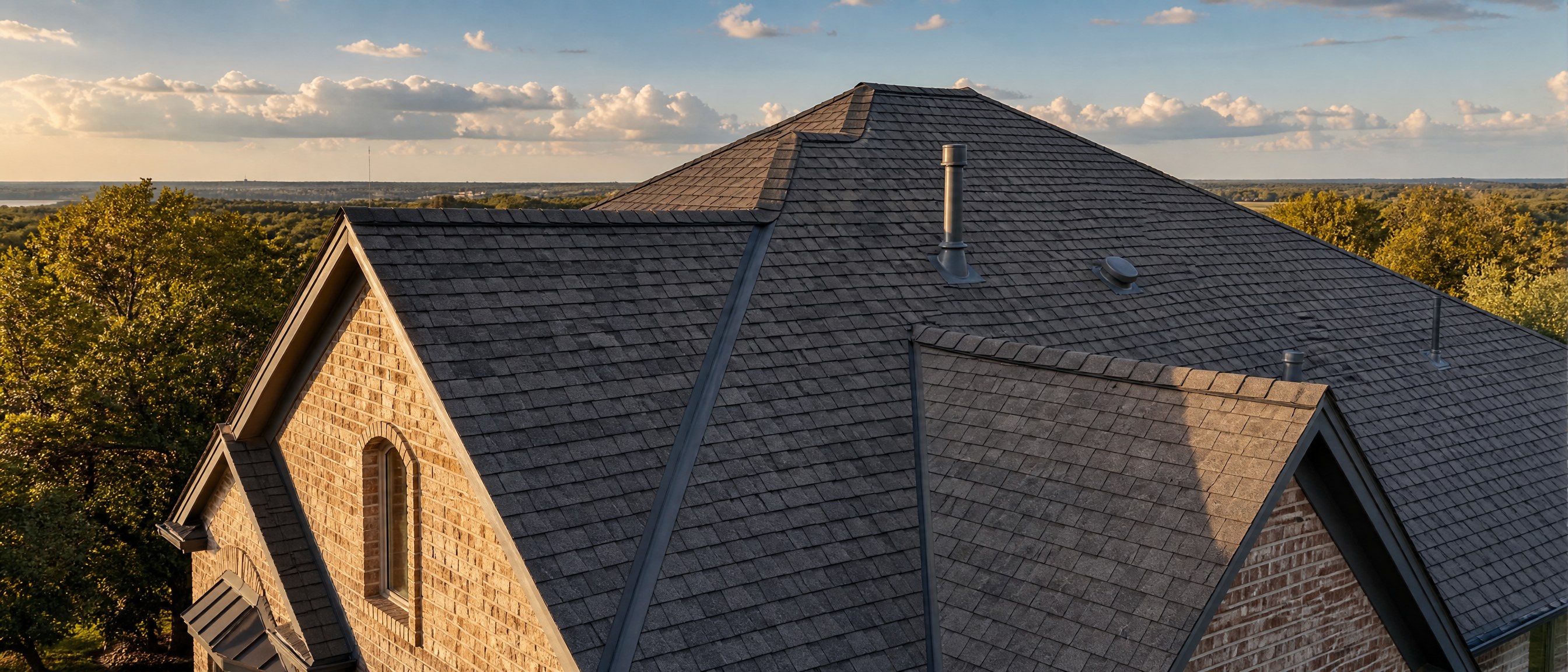 Detailed view of a residential roof with clean shingle courses and flashing