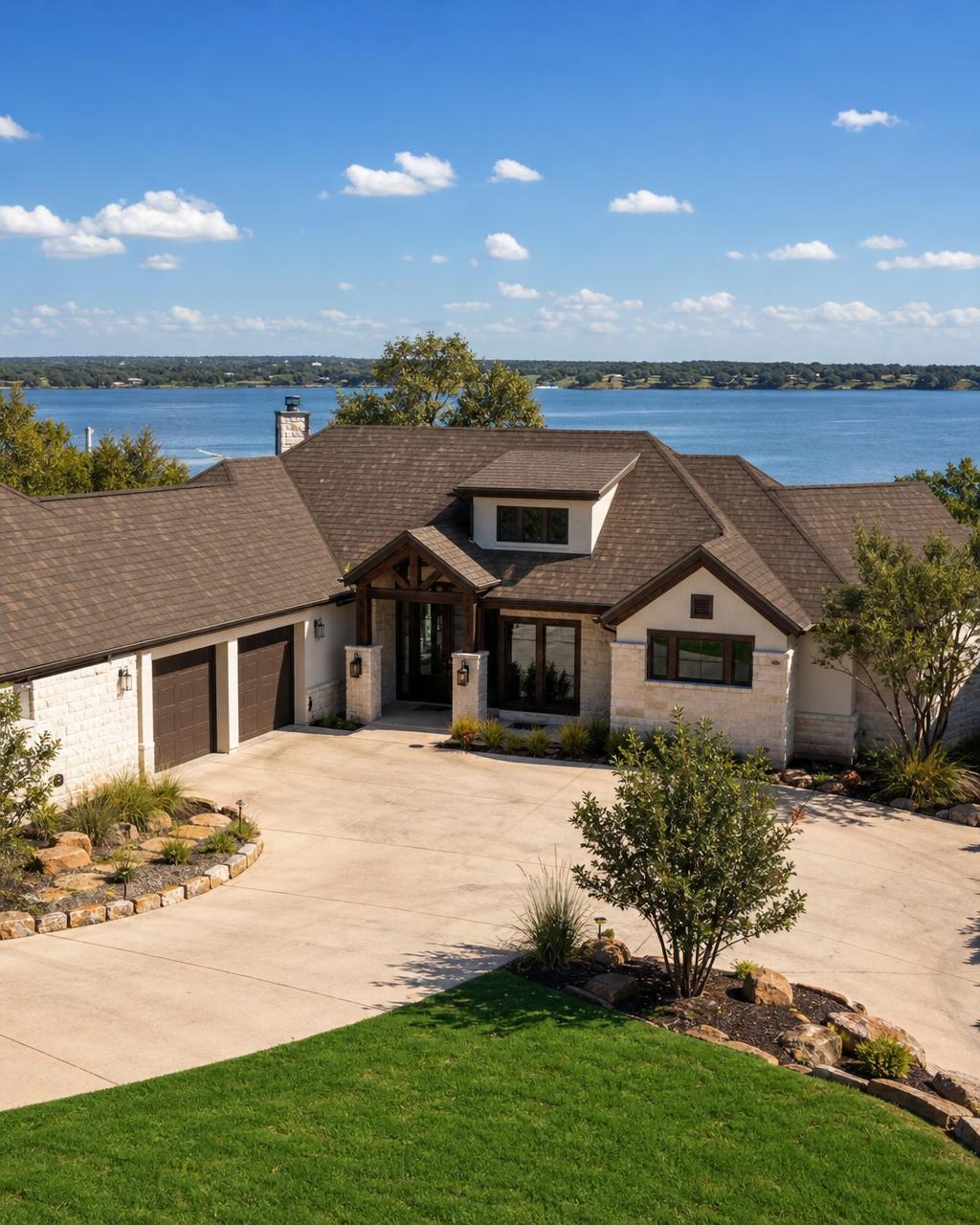 Completed roof on a lakeside home near Granbury, TX