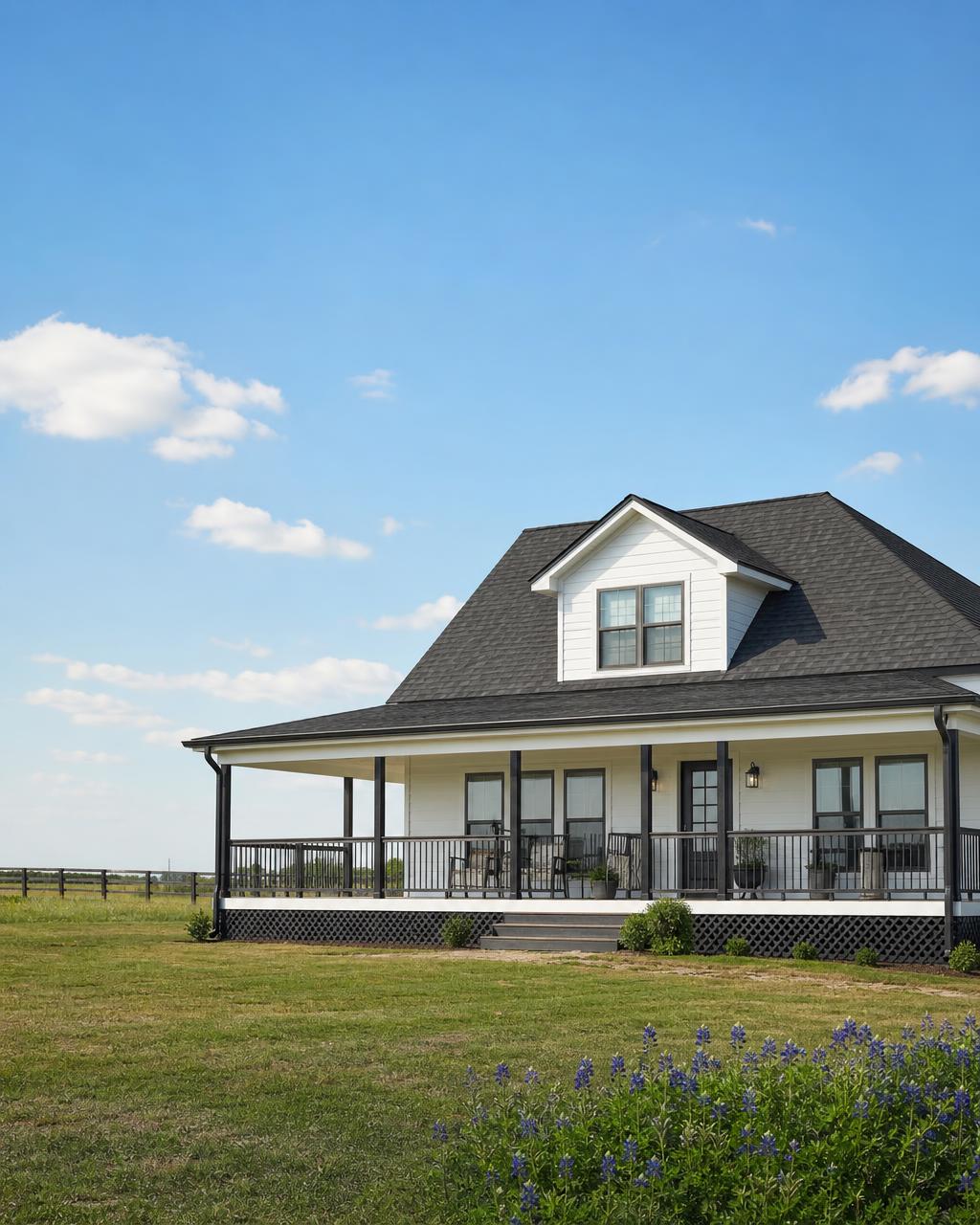 New roof and gutters on a country farmhouse in Grandview, TX
