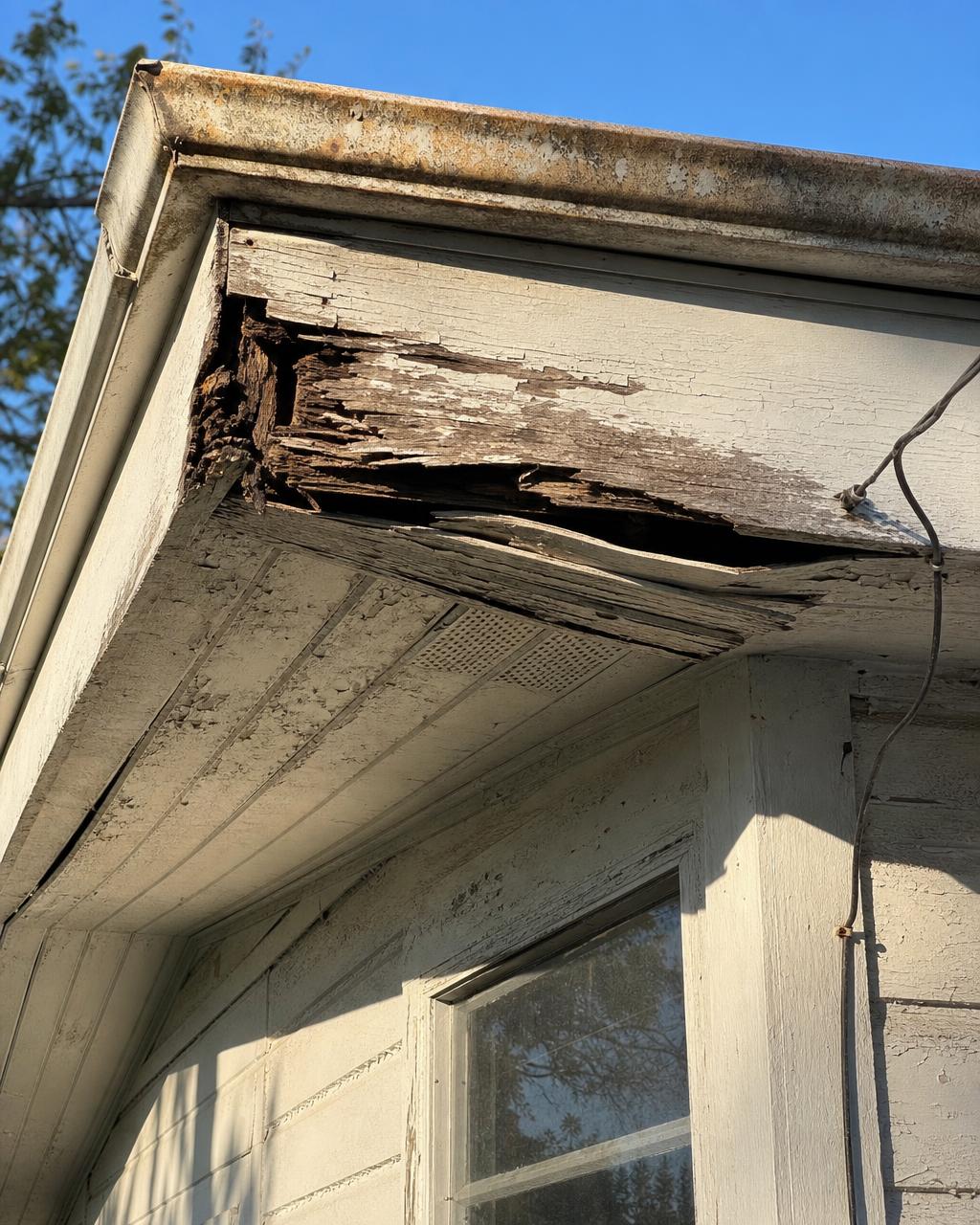 Rotted fascia and sagging soffit on an older Alvarado, TX home