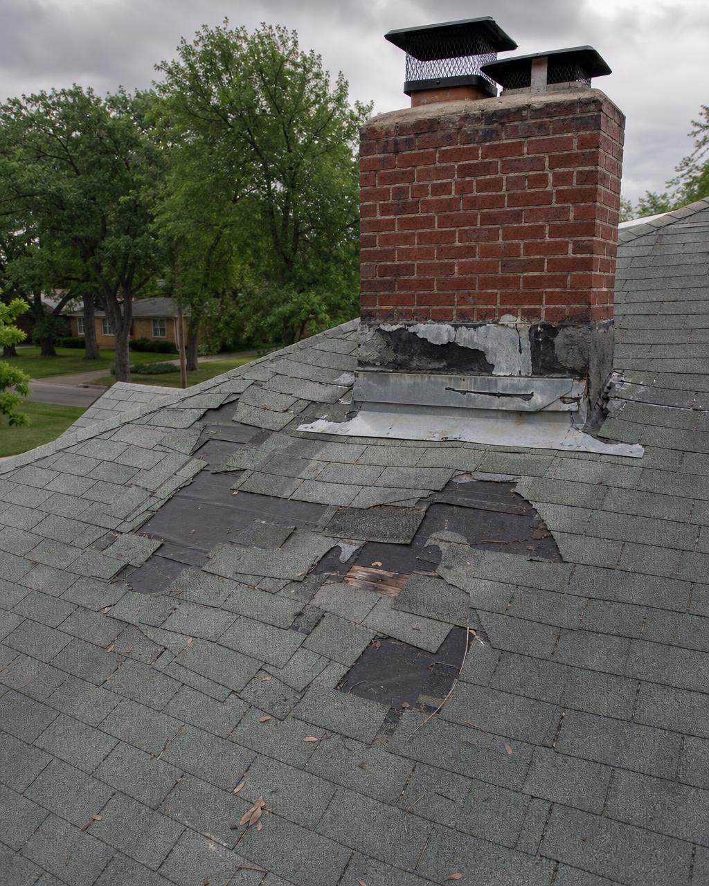 Missing shingles and failing chimney flashing on a Fort Worth, TX home