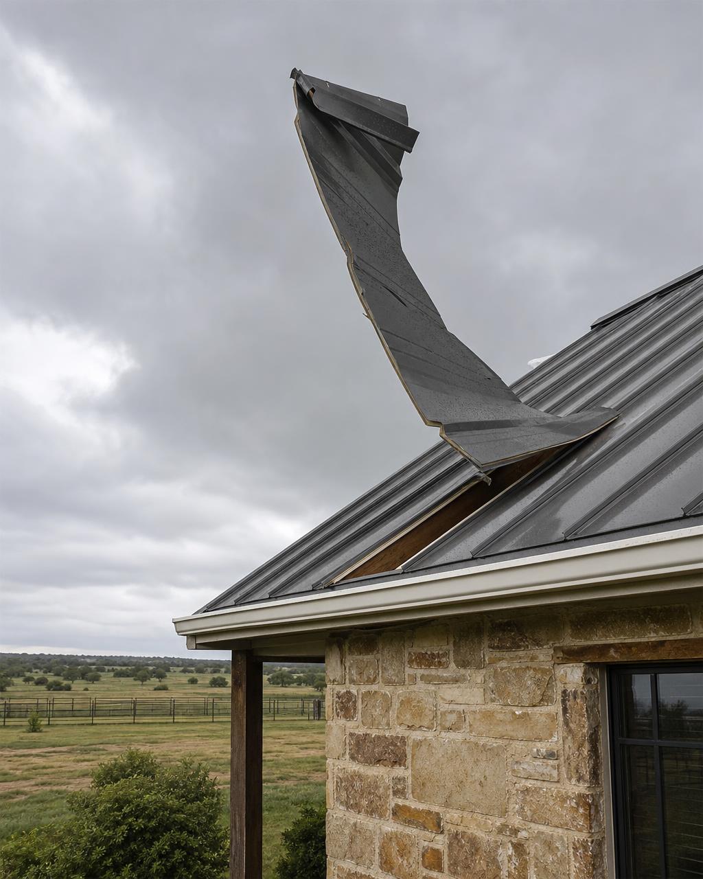 Wind lifted metal roof panel on a rural Godley, TX home