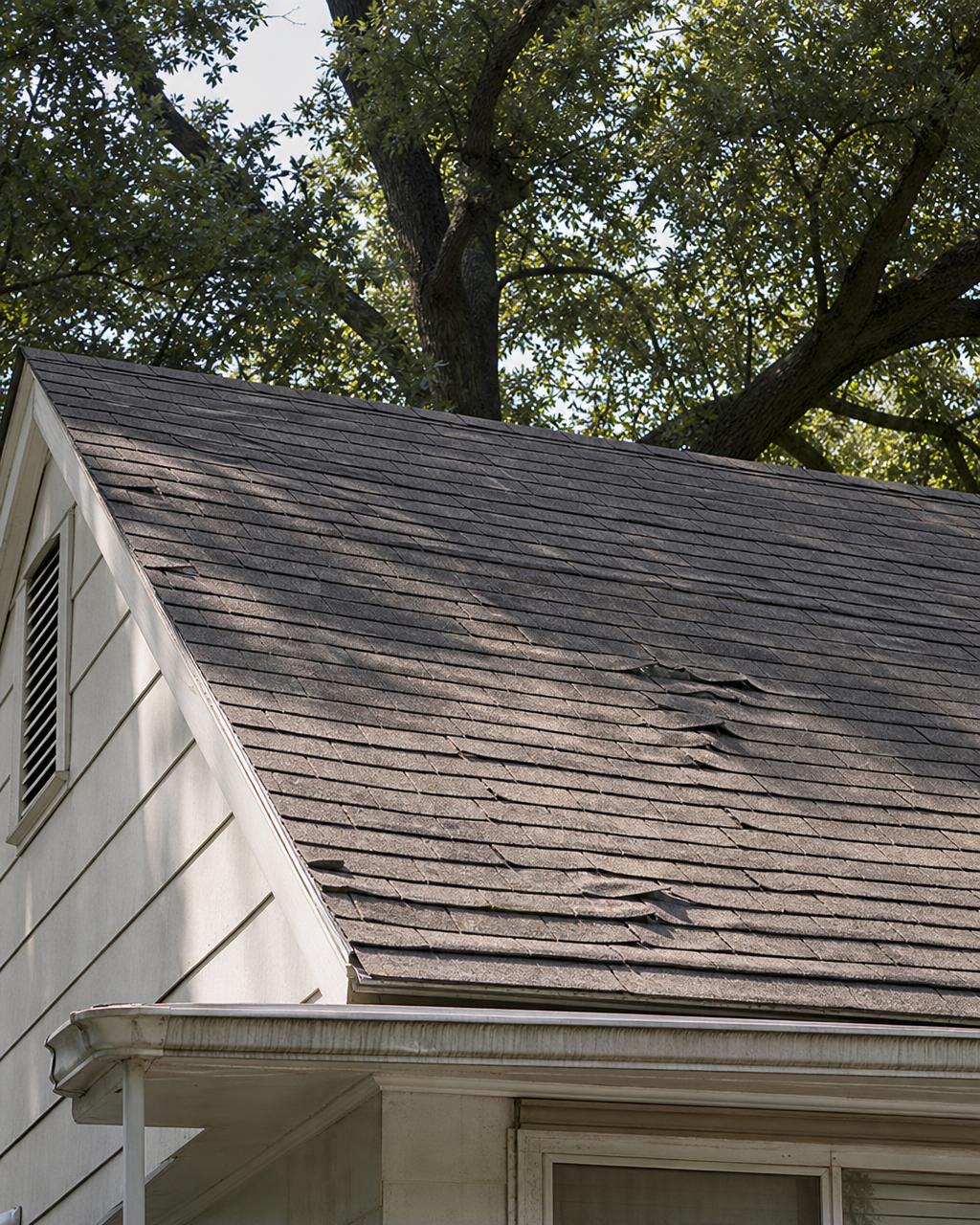 Cracked and curling shingles on a shaded Keene, TX roof